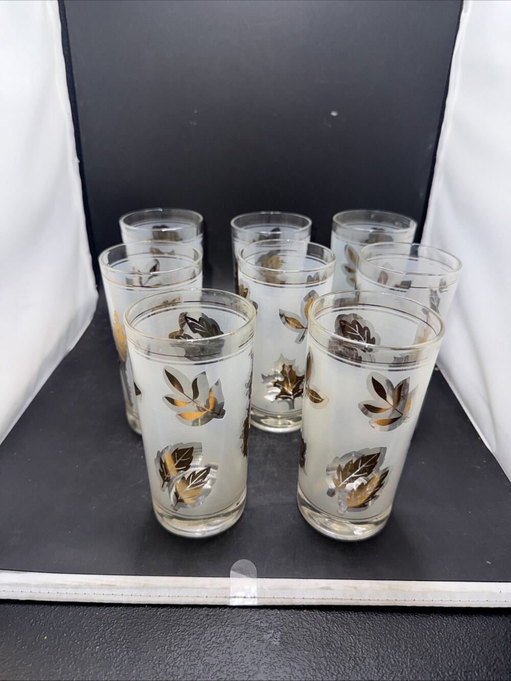 MCM Libbey 5.5" Silver Leaf Frosted Drinking Glasses Tumblers Vintage Set of 8